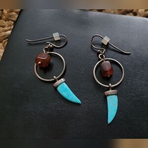 Vintage Sterling Hoops with Carnelian Square and Turquoise Horn Dangle Earrings